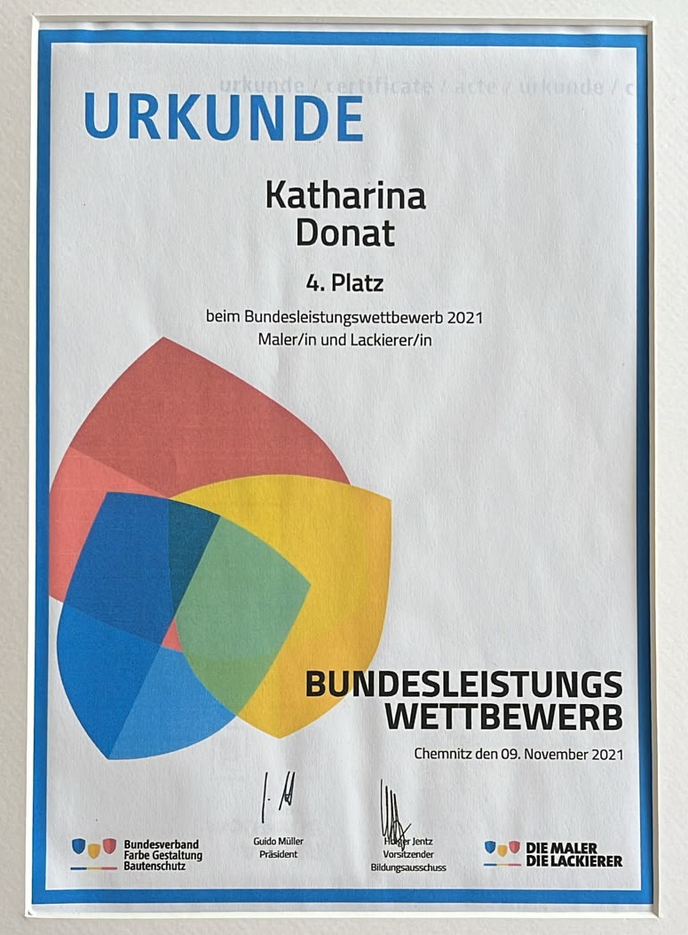 Urkunde 4. Platz Bundesleistungswettbewerb 2021 Maler und Lackierer, Chemnitz