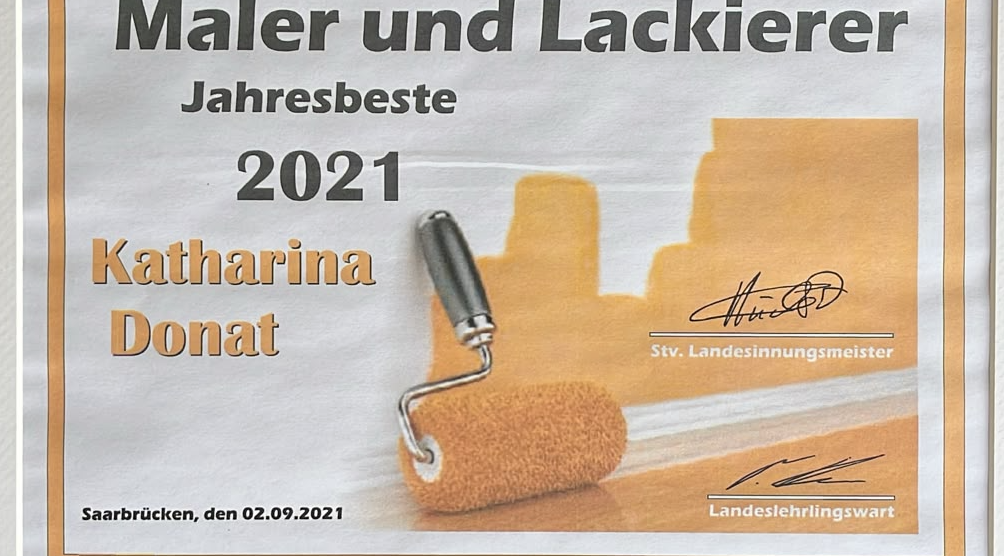Urkunde Maler und Lackierer Jahresbeste 2021, Katharina Donat, Saarbrücken
