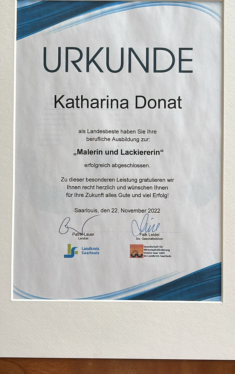 Urkunde Landesbeste Ausbildung Malerin und Lackiererin, Landkreis Saarlouis, 2022
