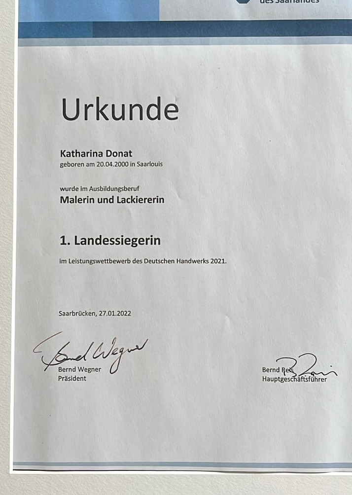 Urkunde 1. Landessiegerin im Leistungswettbewerb des Deutschen Handwerks 2021