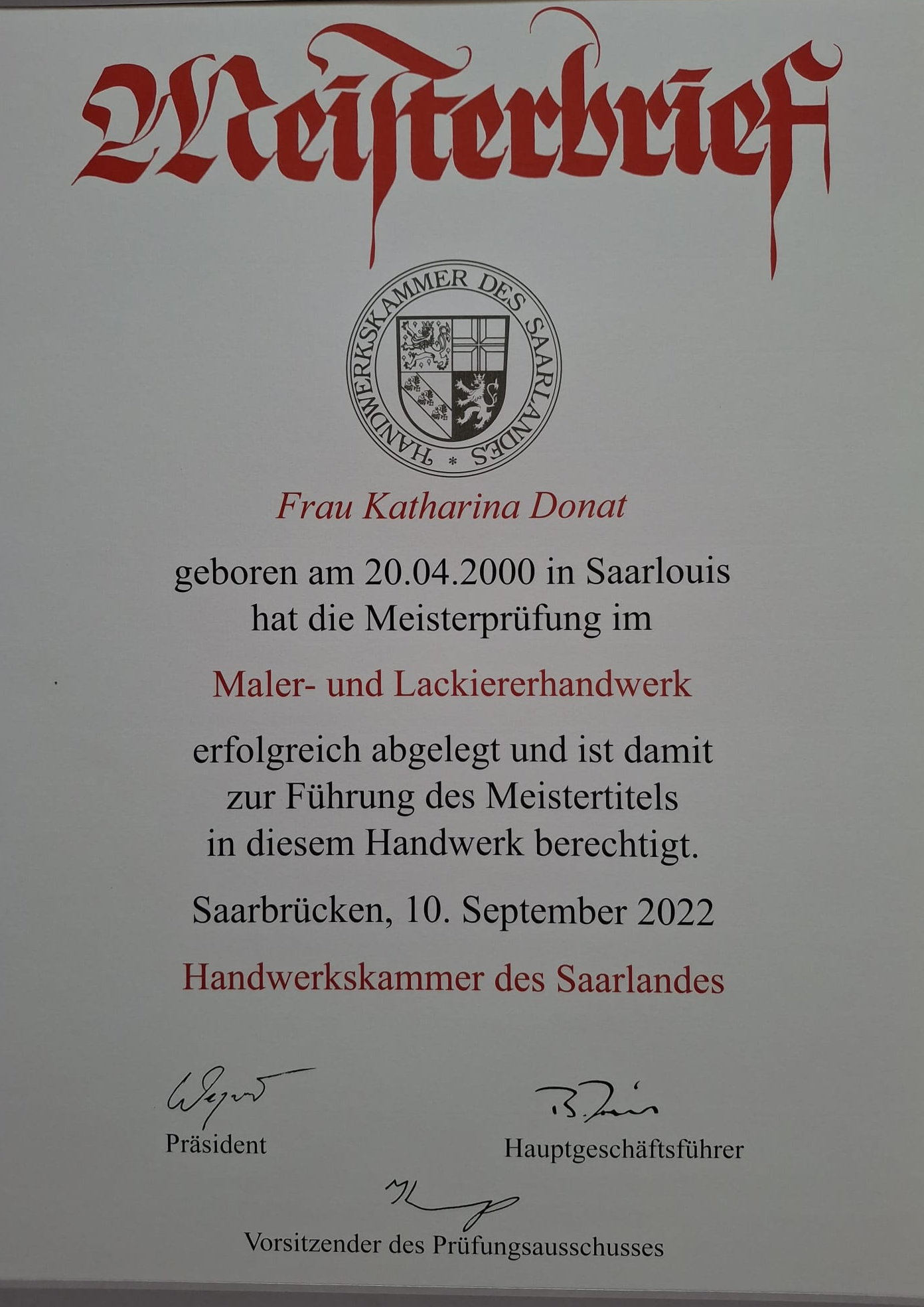 Meisterbrief Katharina Donat, Handwerkskammer des Saarlandes, 2022